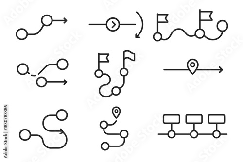 Set of linear icons illustrating concepts of route planning, navigation, path tracking, and timeline progress