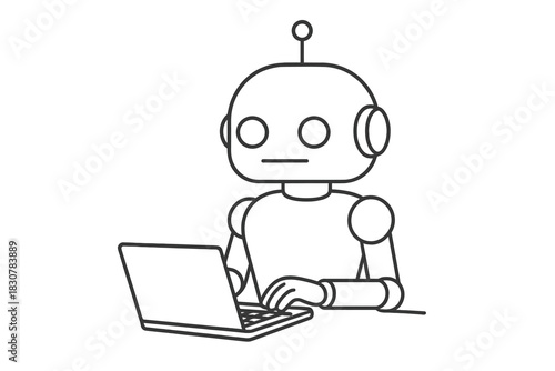 Simple black and white outline of a friendly humanoid robot working on a laptop computer