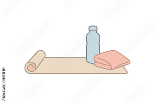 Essential fitness equipment setup featuring a yoga mat, water bottle, and towel