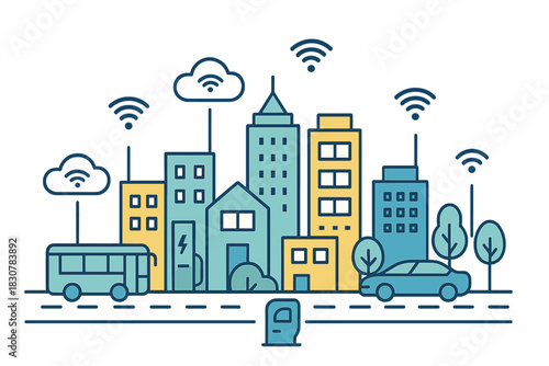 Modern urban landscape with smart city technology and wireless connectivity infrastructure