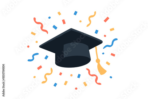 Graduation mortarboard cap with tassel surrounded by vibrant flying confetti celebrating educational success