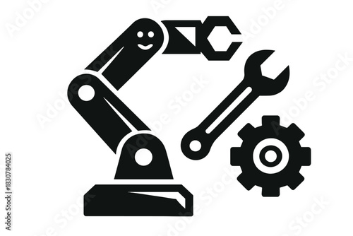 Industrial robotic arm with gripper holding a wrench and a mechanical gear wheel