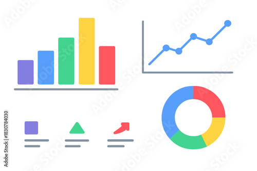 Colorful set of business data charts including bar graph, line chart, and circular diagram for financial analysis