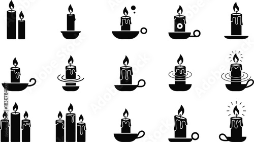 Set of burning candle silhouette icons, black wax light with flame vector illustration, vintage candlestick collection, holiday decoration symbols isolated on white background