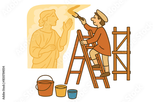 Historical painter on a ladder applying paint to a large fresco mural of a classical statue