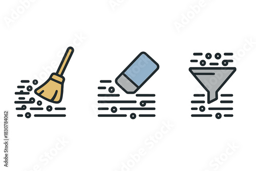 Colorful icons representing data cleaning, removal, and filtering operations