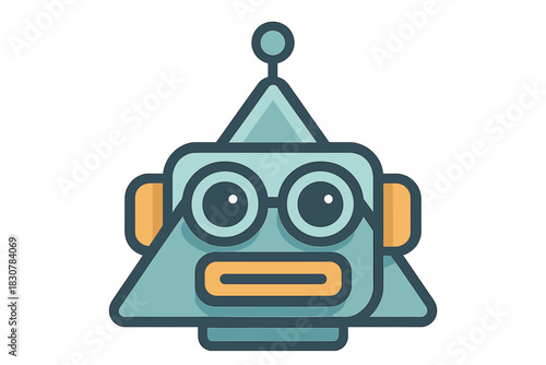 Stylized geometric robot head with large circular eyes and antenna on white background