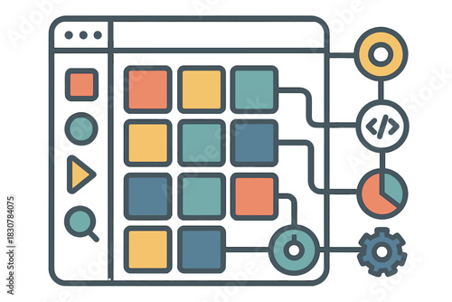 Web development interface showing modular content blocks connected to data and coding processes