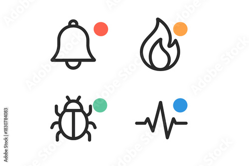 Outline symbols for alerts, notifications, warnings, and status updates featuring bell, flame, bug, and heartbeat