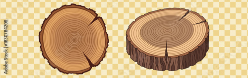 Two cartoon wood slices with visible growth rings and cracks on a checkered background illustration