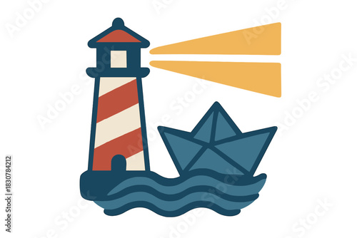 Stylized lighthouse beacon illuminating path for paper boat sailing on ocean waves