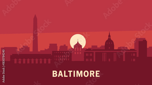 Baltimore city skyline silhouette at sunset with warm red tones