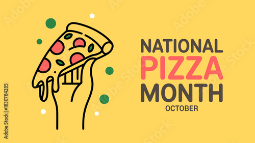 National pizza month illustration with hand holding slice on yellow background