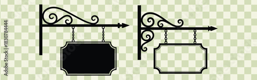 Decorative wrought iron signboards with hanging chains and ornate scrollwork on a checkered background