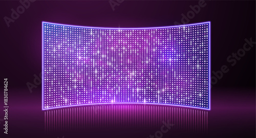 Purple led light screen concert or show background, board wall stage with curved monitor glow round dotted TV display