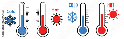Thermometers indicating hot and cold temperatures with sun and snowflake icons representing weather conditions