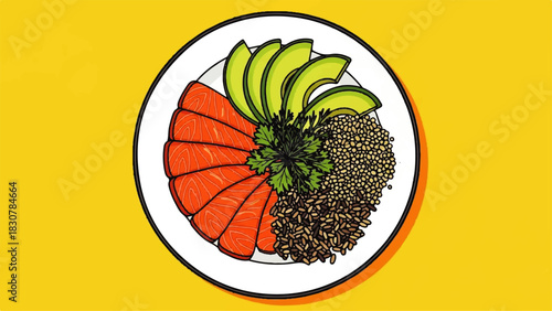 Healthy Salmon Avocado Quinoa Bowl Illustration. Balanced Diet, Nutritious Meal, Top View