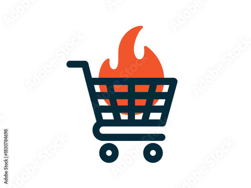 A shopping cart icon with a flame symbolizing hot deals and popular products is presented on a white background.