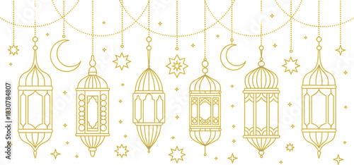 Elegant Islamic Lantern Vector Line Art Illustration Set with Hanging Crescent Moons and Stars for Traditional Ramadan and Eid Celebration Decoration Banners.