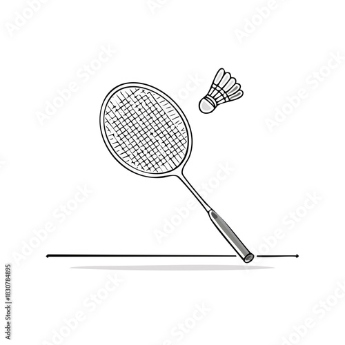 Hand drawn badminton racket and shuttlecock sketch illustration showing active recreational sports game equipment