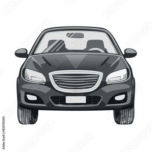 Modern gray sedan car shown from a direct front view as a stylized vector illustration