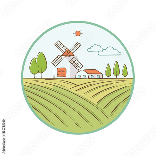 Illustrated rural scene with windmill, fields, trees and sky enclosed in a circle.