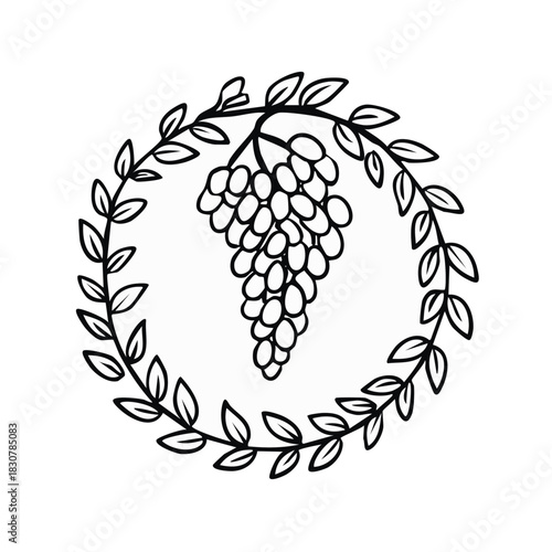 Outline drawing featuring a cluster of grapes framed by a decorative botanical leaf circle