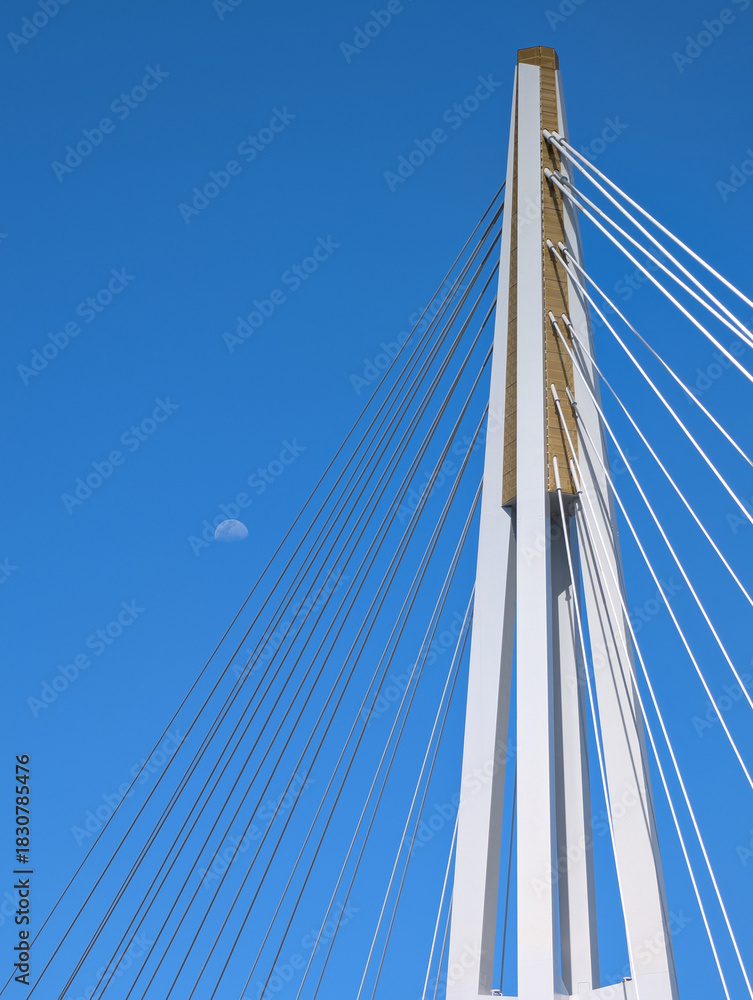 Naklejka premium Minimalist view of Kangaroo Point Bridge cables with moon, Brisbane, Australia