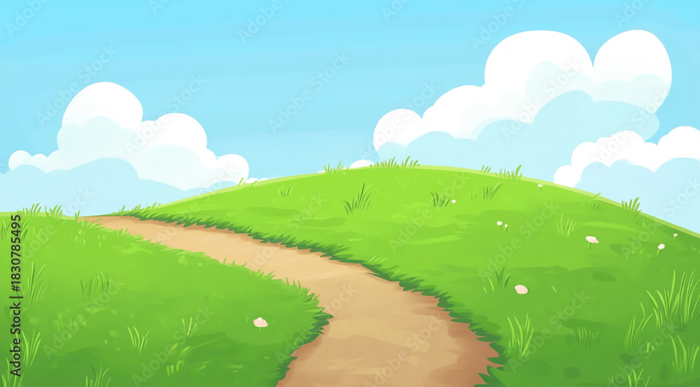 Obraz premium A simple, bright cartoon background featuring a winding dirt path through lush green grass on rolling hills under a clear blue sky with fluffy white clouds.