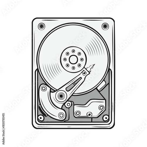 Internal Hard Disk Drive Illustration Computer Component with Read Write Head and Spindle Disk for Data Storage