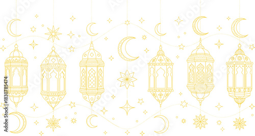 Intricate Islamic Lantern Border Vector Line Art Illustration with Repeating Crescent Moons, Stars, and Garlands for Ramadan and Eid Decoration Banners.