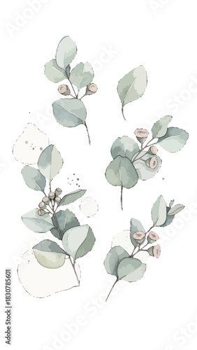 Watercolor illustration of eucalyptus branches with round leaves and small buds, creating a delicate and natural botanical arrangement.
