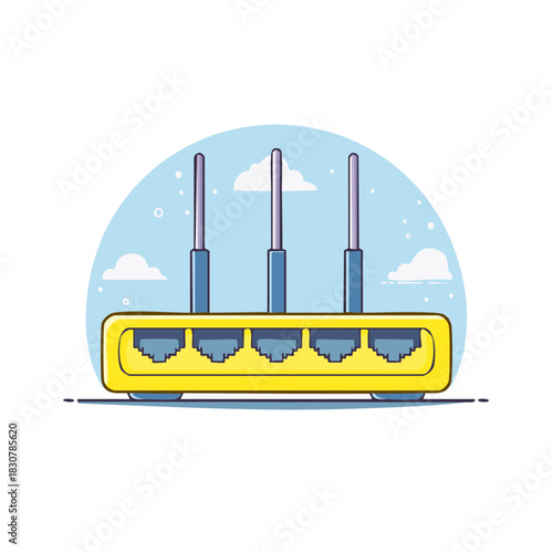 Modern yellow wireless router with three antennas on a light blue background featuring clouds and tiny circles