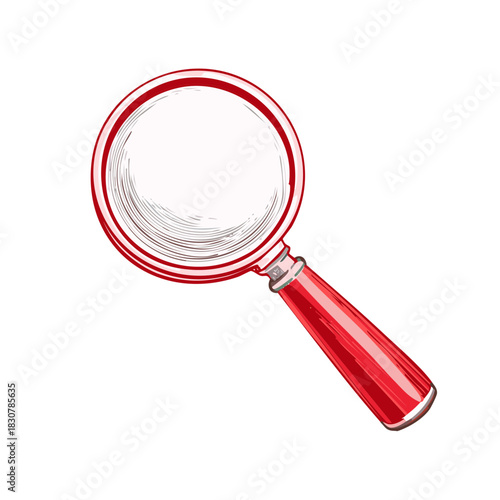 Hand drawn red magnifying glass illustration for search and discovery concepts