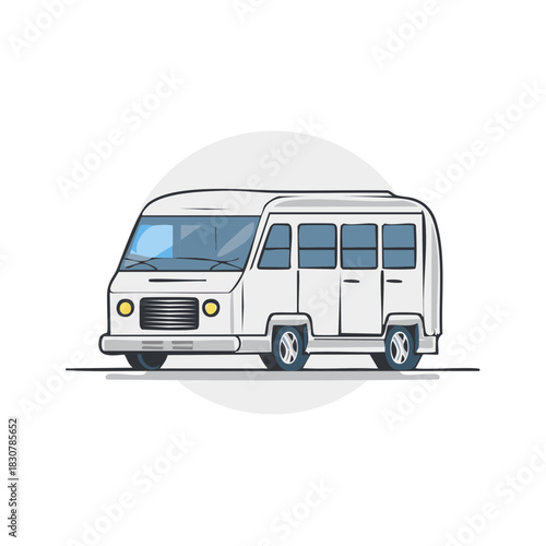 Illustration of a white shuttle van with tinted windows and detailed wheels