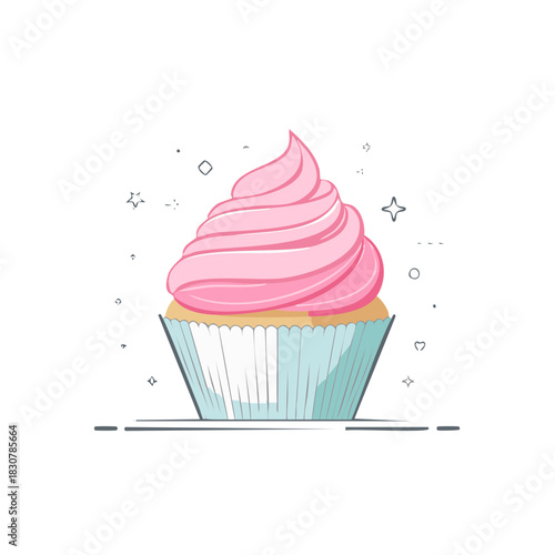 Sweet pink frosted cupcake with decorative swirls and sparkles in a light blue wrapper