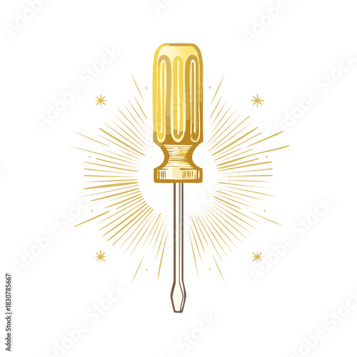 Golden screwdriver with radial lines emanating from the tool icon on a white background