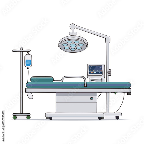 Illustration of an operating room table with monitor and IV bag on a white background
