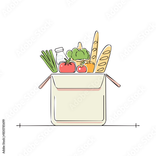 Fresh Groceries Delivered in a Simple Box Line Art