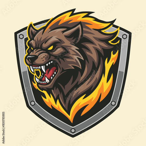 A powerful and aggressive brown wolf head mascot with fiery mane and glowing eyes, set against a strong metallic shield emblem.