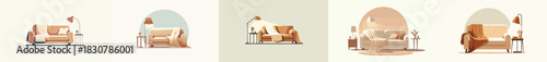 warm living room with soft sofas in hygge style. Vektor, design, minimalist, illustrations, set icon