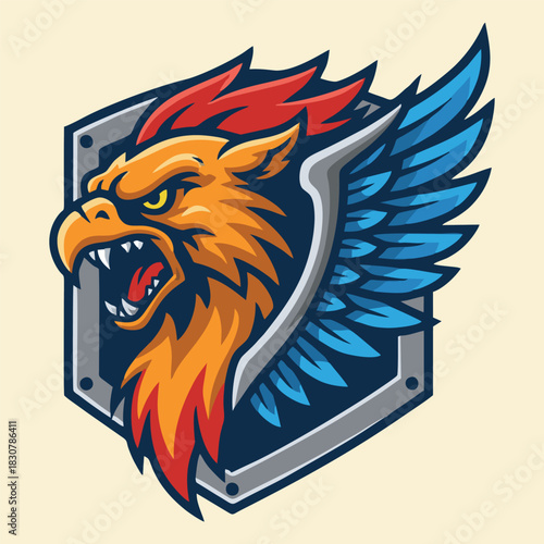 Fierce griffin mascot with orange and red feathers and blue wing, roaring against a grey shield background, in a dynamic cartoon style.