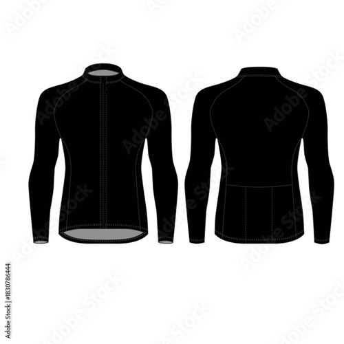 Black cycling jersey with zipper and long sleeves, vector. Mockup of men's cycling shirt, front and back view. Sketch of athletic clothing for the gym, running, and fitness.