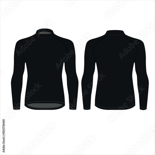 Vector sketch of a black long-sleeved shirt. Layout of a men's athletic shirt, rash guard, front and back view. Sketch of sportswear for the gym, running, fitness, and martial arts.
