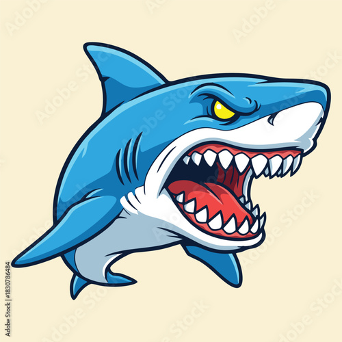 A fierce blue and white cartoon shark with sharp teeth and an angry expression, mouth wide open.