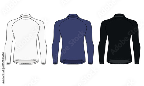 Collection of long-sleeved shirts in blue, white, and black. Template for men's athletic shirts, rash guards, vector. Set of sketches for sportswear for the gym, running, fitness, and martial arts