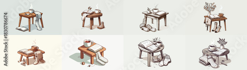 small wooden table with hot tea, books and socks, hygge style. Vektor, design, minimalist, illustrations, set icon