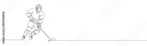 Continuous one thin smooth line simple minimalistic drawing of a hockey player silhouette on a white background