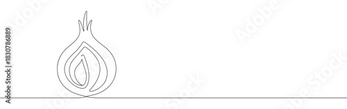 Continuous one thin smooth line simple minimalistic drawing of a sliced onion on a white background