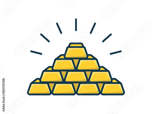 A pyramid of shiny gold bars is depicted with radiating lines to signify value and wealth.